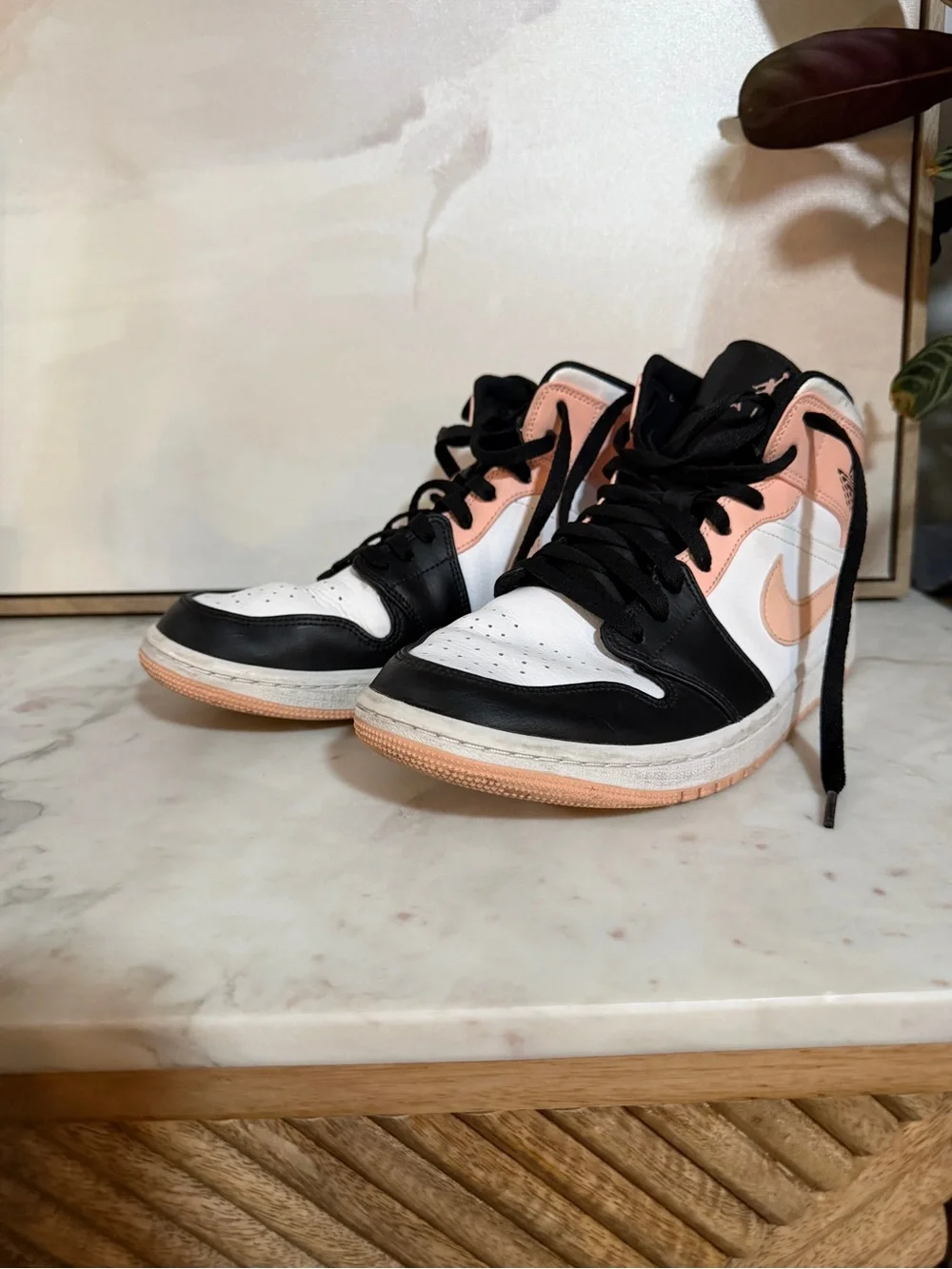Nike Air Jordan 1 Crimson Tint Mid High-Top Sneakers in Peach, Black & White